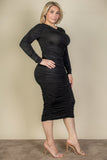 Plus Size Ruched Long Sleeve Midi Dress