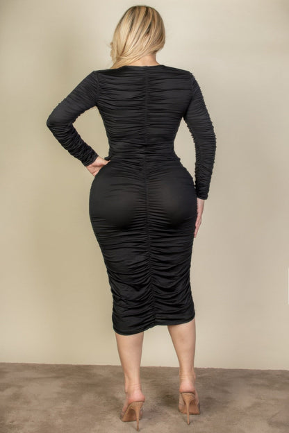 Plus Size Ruched Long Sleeve Midi Dress – Stylish & Comfortable – New Arrival Now Live