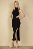 Ribbed Mock Neck Side Slit Sleeveless Bodycon Maxi Dress