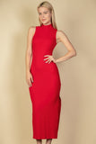 Ribbed Mock Neck Side Slit Sleeveless Bodycon Maxi Dress