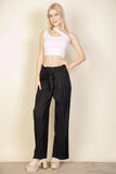 Pleated Stretch Crepe Pull-on Wide Leg Tie Front Pants