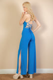 Ribbed Cowl Neck Backless Split Wide Leg Jumpsuit