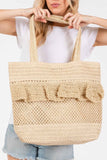 Ruffle Detail Crochet Straw Bag