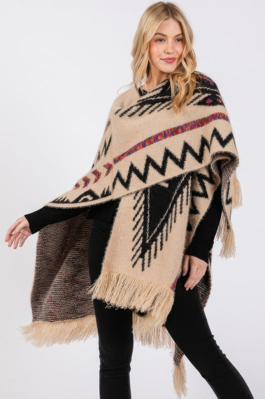 New Arrival – Fuzzy Aztec Pattern Tassel Knit Ruana – New Arrival Now Live