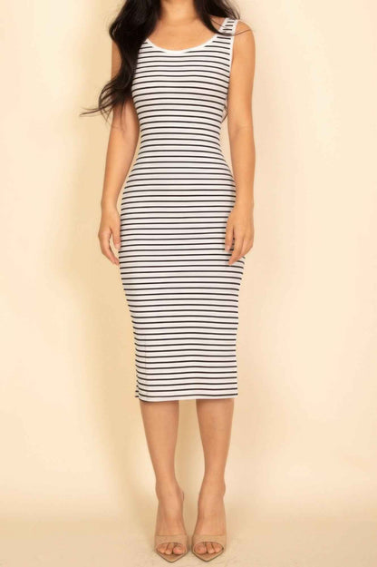 Ribbed Striped Sleeveless Midi Dress With Side Slit