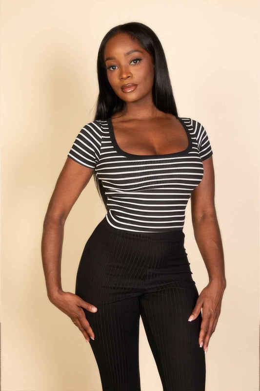 Ribbed Tight Knitted Striped Square Neck Short Sleeve T Shirt