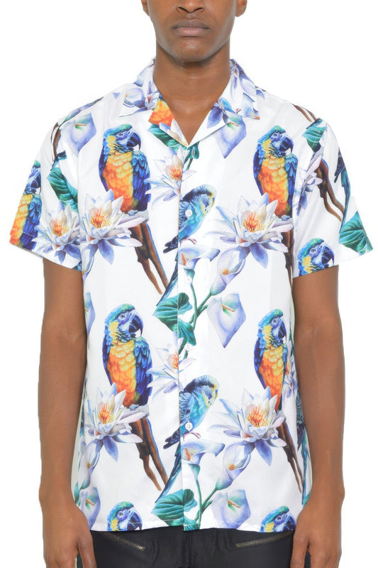 New Arrival – Mens Tucan Parrot Print Resort Button Down Shirt – New Arrival Now Live