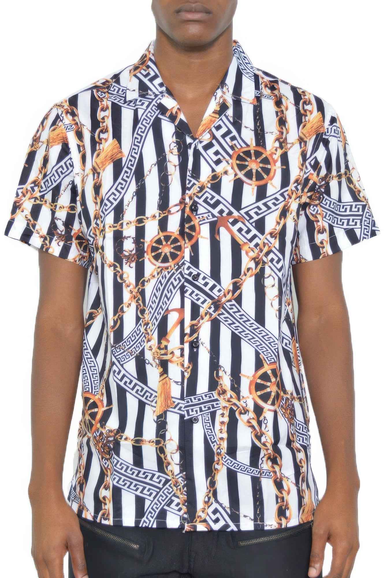 New Arrival – Mens Gold Chain Status Print Button Down Shirt – New Arrival Now Live