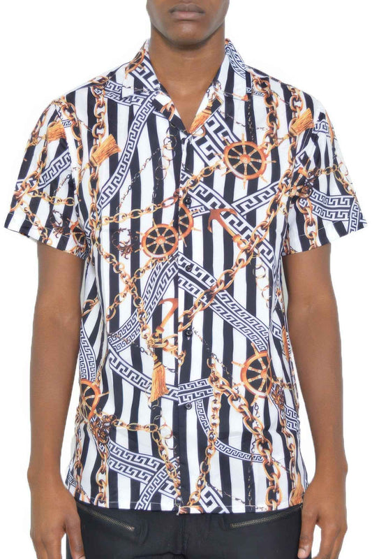 New Arrival – Mens Gold Chain Status Print Button Down Shirt – New Arrival Now Live