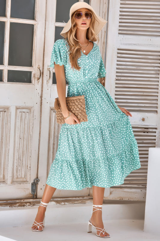 New Arrival – V Neck Ruffles Tiered Sleeve Smocked Midi Dress – New Arrival Now Live