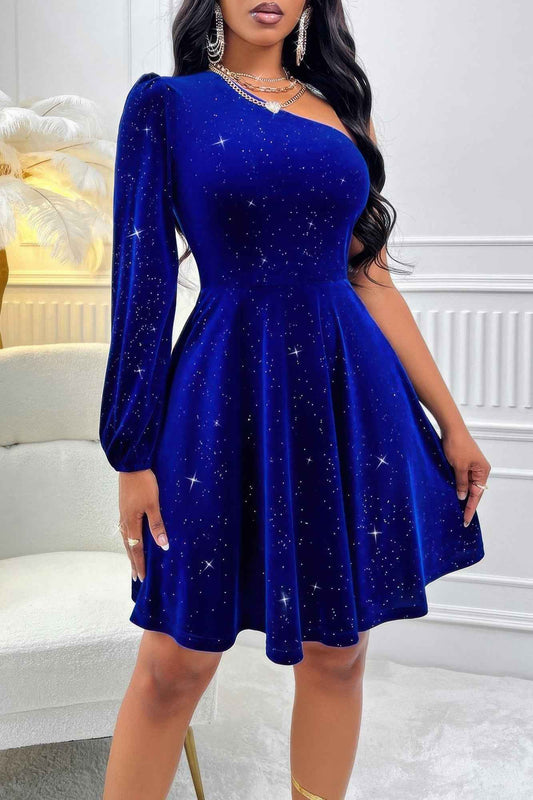 New Arrival – One Shoulder Velvet Lantern Sleeve Cinched Dress – New Arrival Now Live