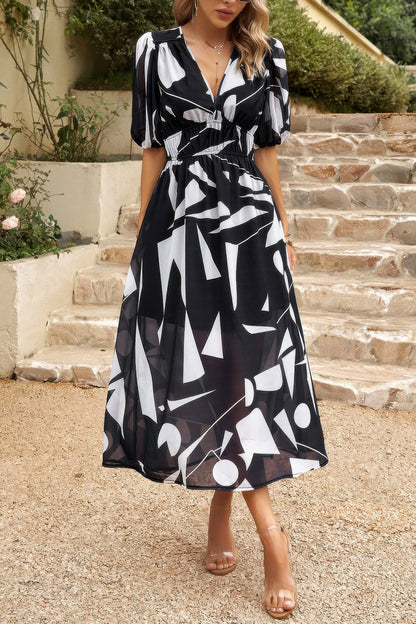 New Arrival – Bohemian V Neck Elastic Waisted Band Midi Dress – New Arrival Now Live