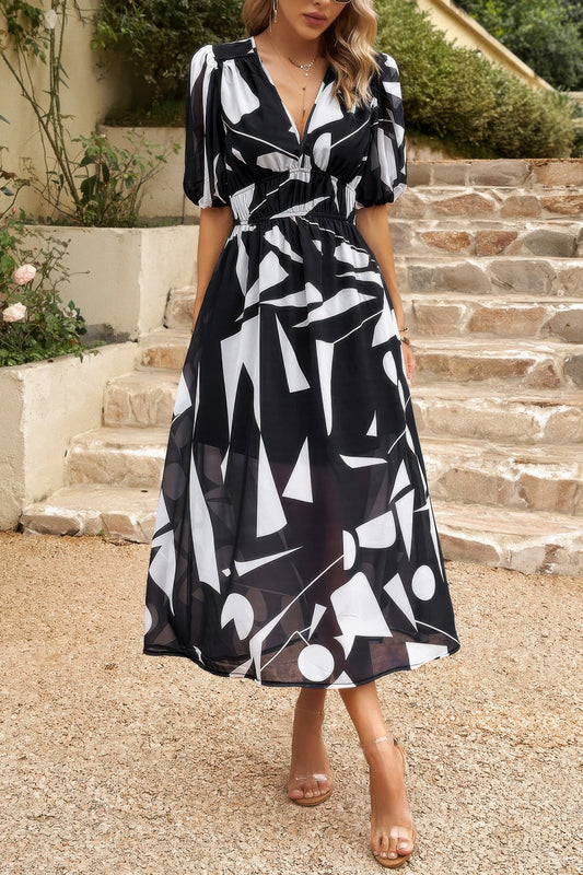 New Arrival – Bohemian V Neck Elastic Waisted Band Midi Dress – New Arrival Now Live