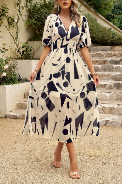 Bohemian V Neck Elastic Waisted Band Midi Dress – New Arrival Now Live