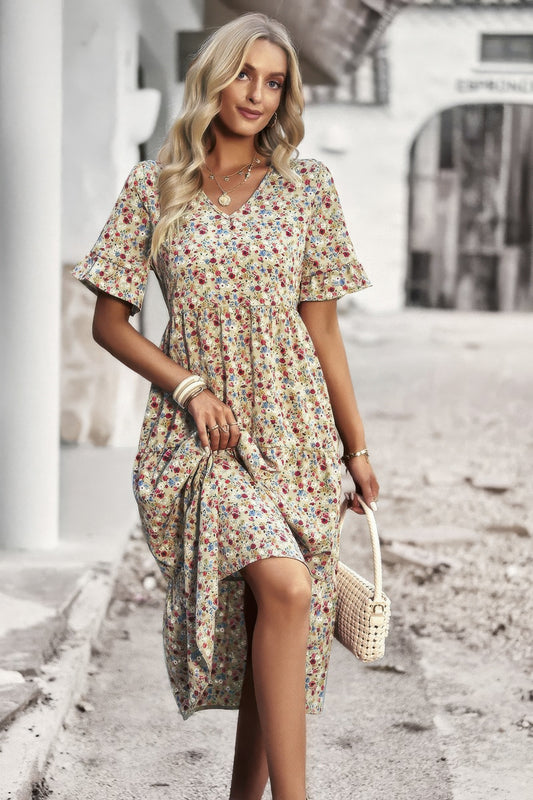 New Arrival – Boho Floral Ruffle Hem V Neck Short Sleeve Dress – New Arrival Now Live