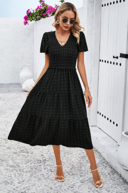 New Arrival – Elegant Ruched V Neck Short Sleeve Pleated Dress – New Arrival Now Live