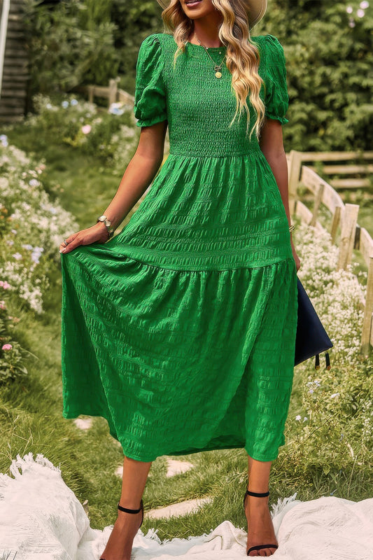New Arrival – Pleated Tiered Solid Short Puff Sleeve A Line Dres – New Arrival Now Live