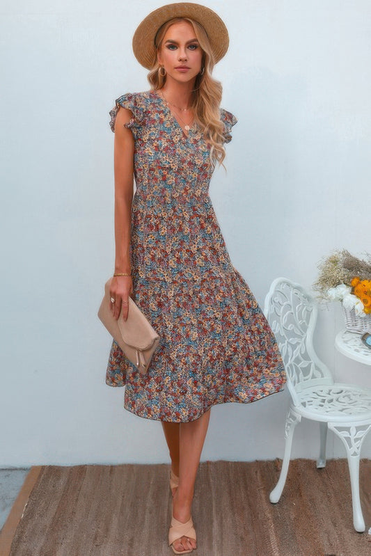 New Arrival – Boho Floral V Neck Ruffle Sleeve A Line Midi Dress – New Arrival Now Live