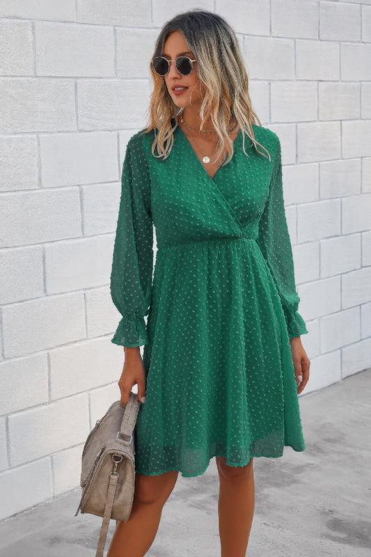 New Arrival – Solid Swiss Dot Flounce Sleeve Shirred Midi Dress – New Arrival Now Live