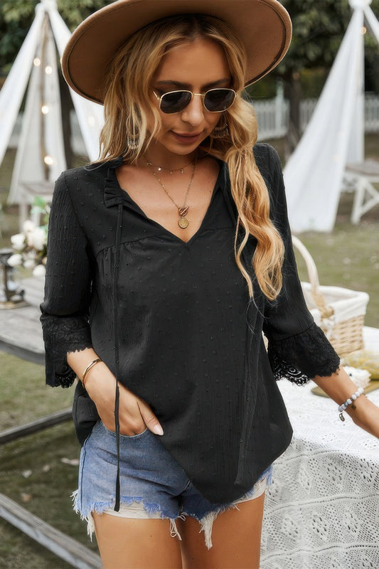New Arrival – Swiss Dot Lace Splicing Sleeve V Neck Blouse – New Arrival Now Live
