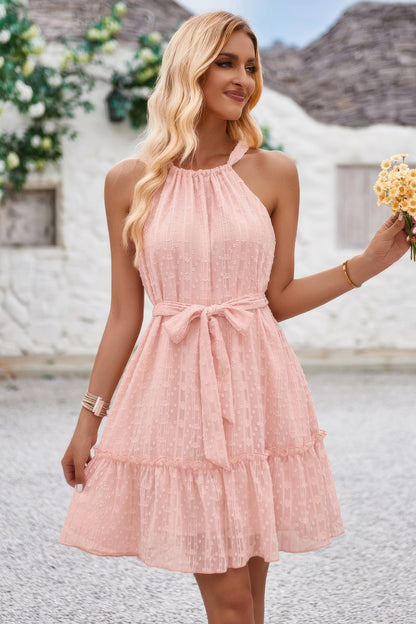 New Arrival – Solid Halter Neck Sleeveless Waist Tie Ruffle Dres – New Arrival Now Live