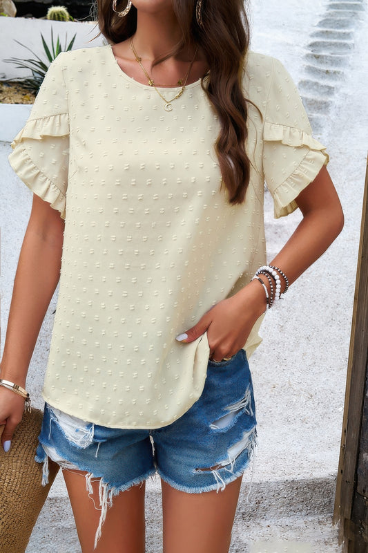 New Arrival – Crewneck Chiffon Polka Dot Ruffle Short Sleeved To – New Arrival Now Live