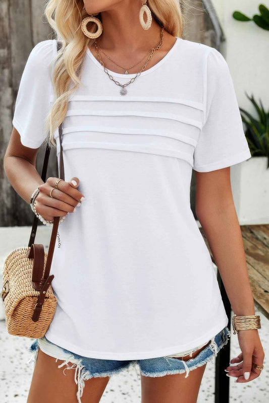 New Arrival – Crew Neck Short Sleeve Pleated Elegant Tee T Shirt – New Arrival Now Live