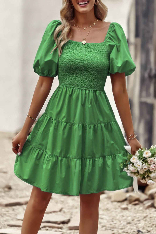 New Arrival – Square Neck Ruched Balloon Sleeve Smocked Midi Dress – New Arrival Now Live