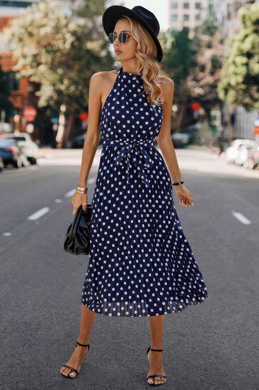 New Arrival – Dot Print Open Shoulder Fit Knot Belt Dress – New Arrival Now Live