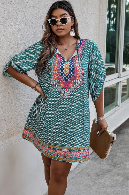 New Arrival – Plus Size V Neck Printed Loose Fit Midi Dress – Stylish & Comfortable – New Arrival Now Live