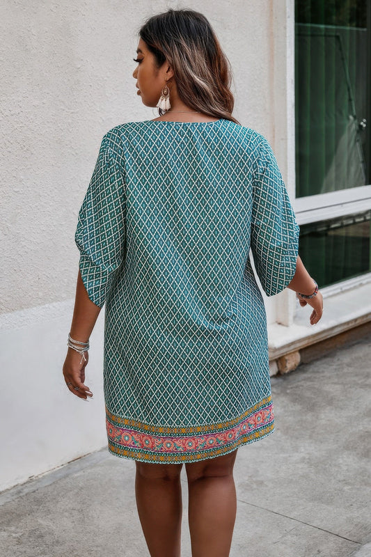 Plus Size V Neck Printed Loose Fit Midi Dress – Stylish & Comfortable – New Arrival Now Live