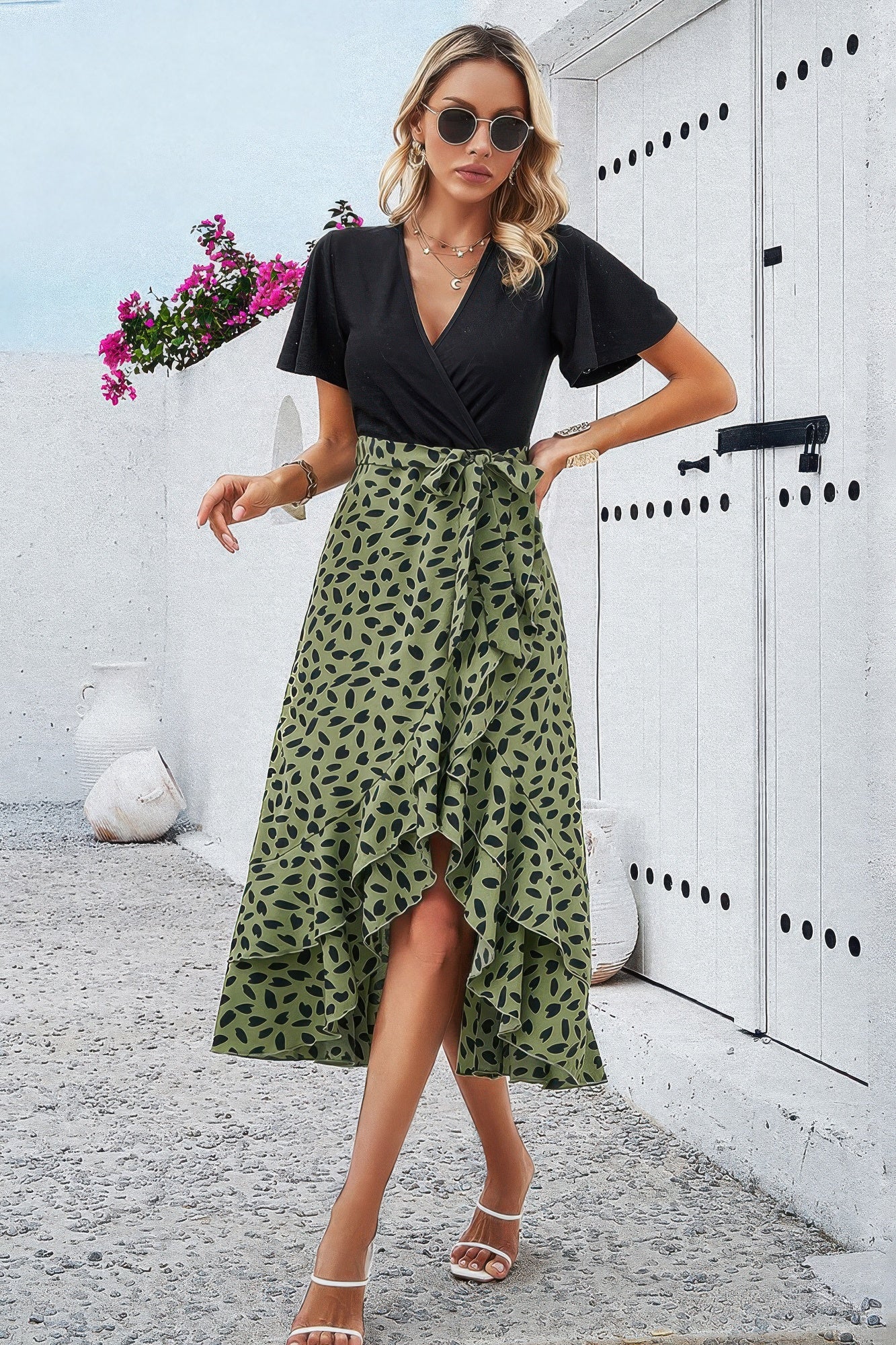 New Arrival – Cross Color Block Lace V Neck Belt Print Dress – New Arrival Now Live