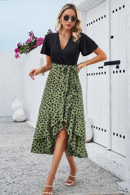 New Arrival – Cross Color Block Lace V Neck Belt Print Dress – New Arrival Now Live