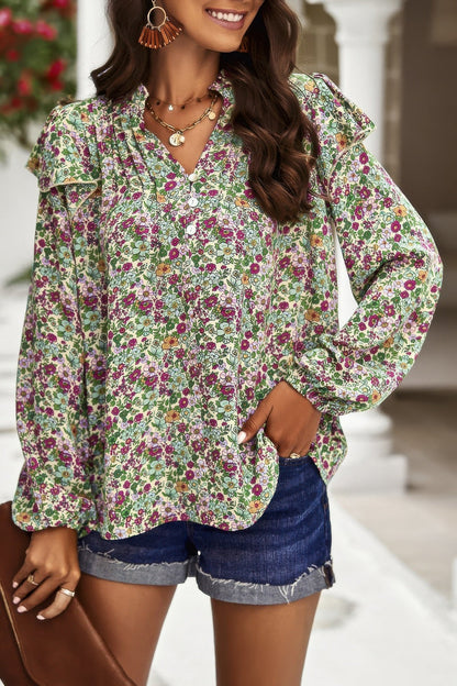 Floral V Neck Button Ruffle Long Sleeve Top – New Arrival Now Live