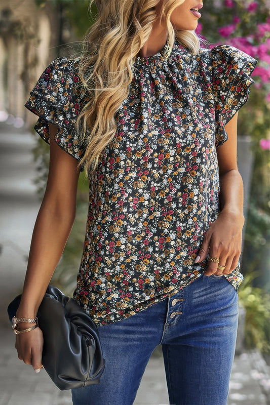 New Arrival – Floral Mock Neck Ruffle Short Sleeve Shirt – New Arrival Now Live
