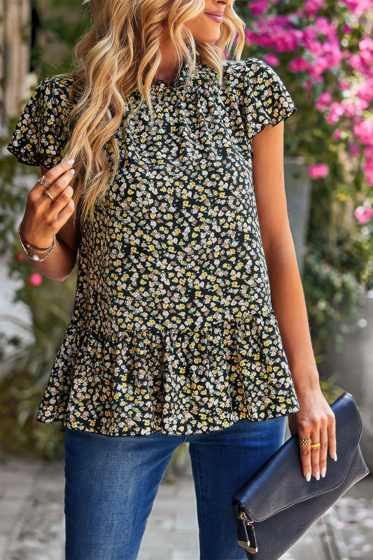 New Arrival – Ruffle Frill Trim Mock Neck Short Sleeve Shirt – New Arrival Now Live