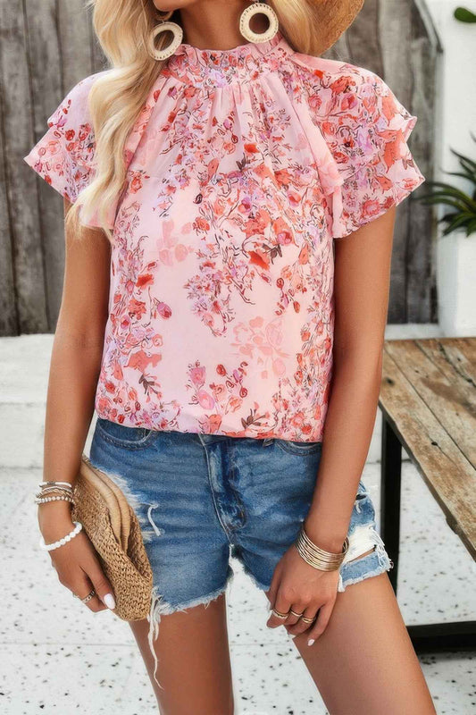 New Arrival – Floral Printed Mock Neck Ruffle Sleeve Loose Blouse – New Arrival Now Live