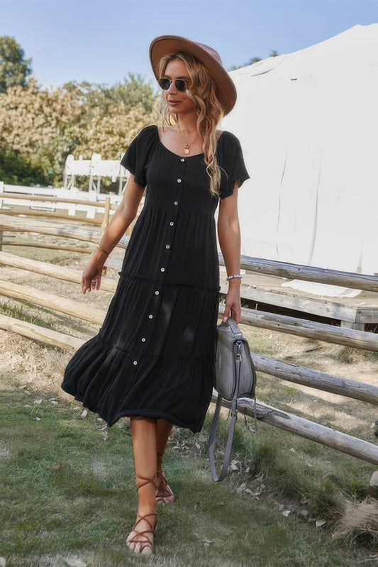New Arrival – Button V Neck Tiered Short Sleeve Midi Dress – New Arrival Now Live