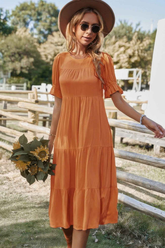 New Arrival – Flowy Pleated Short Sleeve Solid Midi Dress – New Arrival Now Live