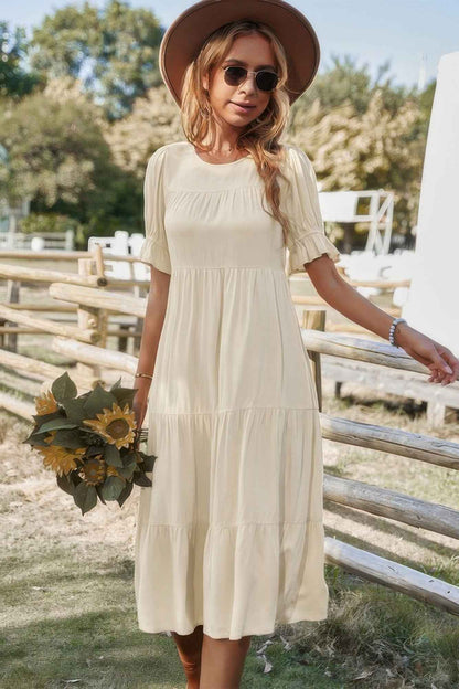 Flowy Pleated Short Sleeve Solid Midi Dress – New Arrival Now Live
