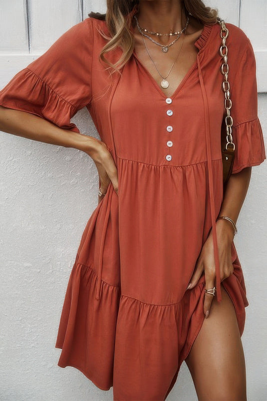 New Arrival – V Neck Flounce Sleeve Ruffle Hem Tie Neck Dress – New Arrival Now Live