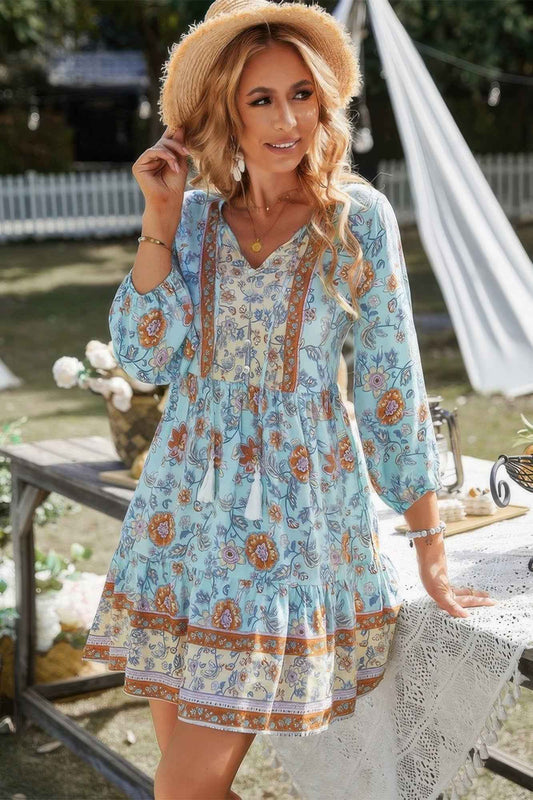 New Arrival – Floral Printed Button Down V Neck Long Sleeve Dress – New Arrival Now Live