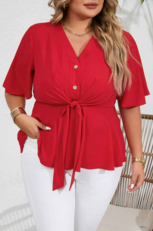 New Arrival – Plus Solid Butterfly Sleeve Knot Front Peplum Shirt – New Arrival Now Live