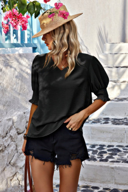 Solid Chiffon V Neck Smock Sleeve Blouse – New Arrival Now Live