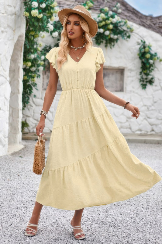 New Arrival – V Neck Flutter Short Sleeve Layered Pleated Dress – New Arrival Now Live