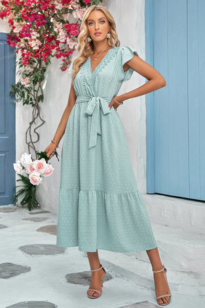 New Arrival – Solid Dot V Neck Lace Ruffle Belt Long Dress – New Arrival Now Live