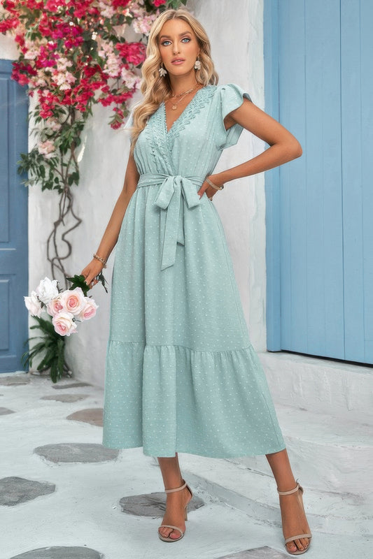 New Arrival – Solid Dot V Neck Lace Ruffle Belt Long Dress – New Arrival Now Live