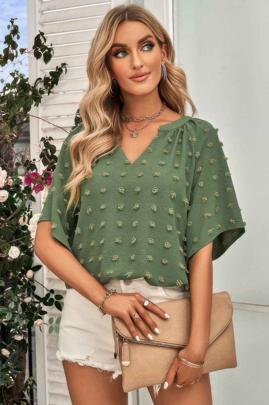 New Arrival – Solid Swiss Dot V Neck Puff Sleeve Blouse – New Arrival Now Live