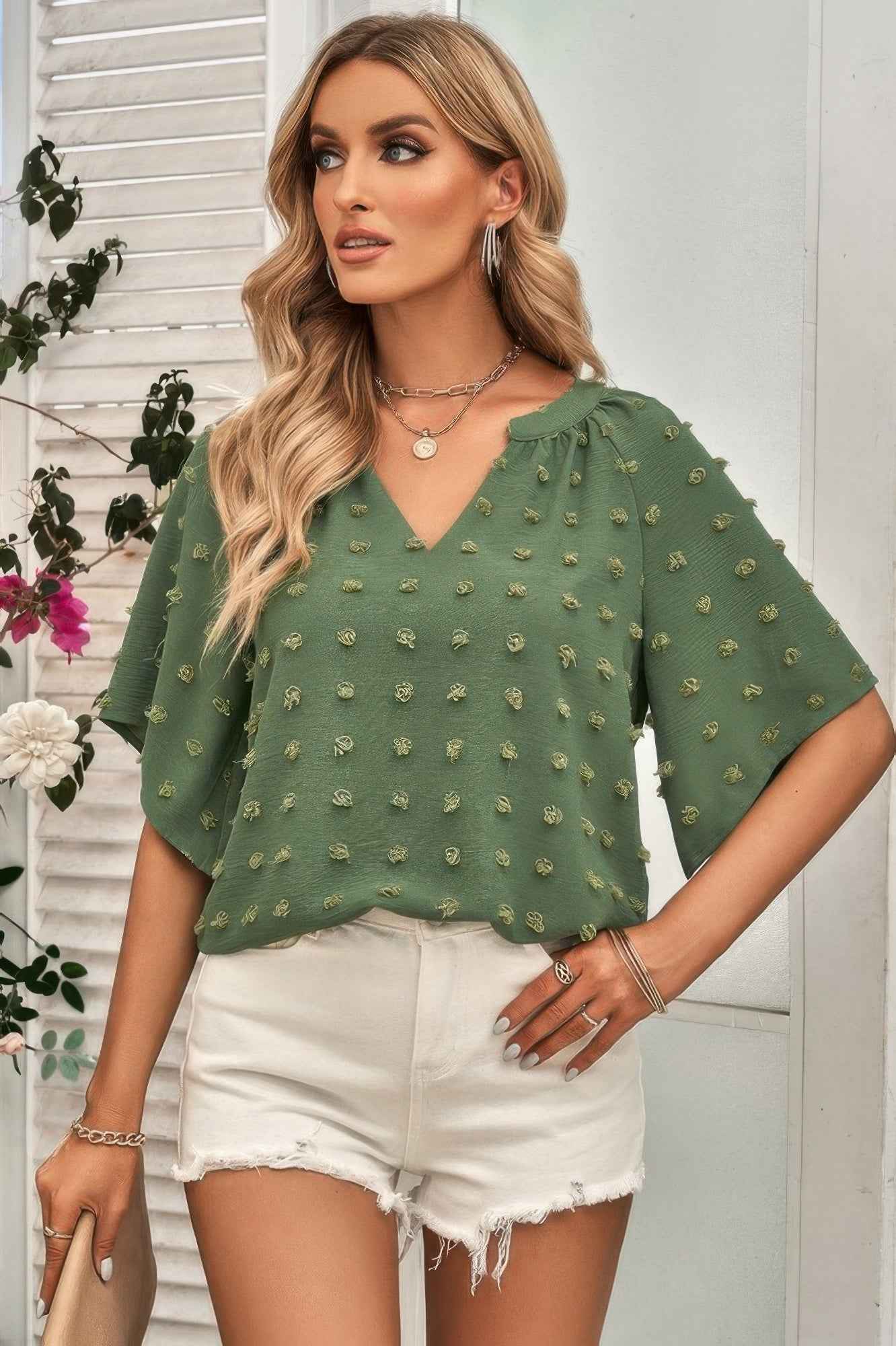 Solid Swiss Dot V Neck Puff Sleeve Blouse – New Arrival Now Live