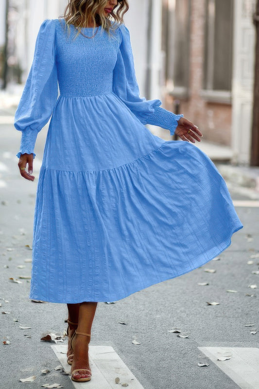 New Arrival – Solid Round Neck Puff Long Sleeve Midi Dress – New Arrival Now Live